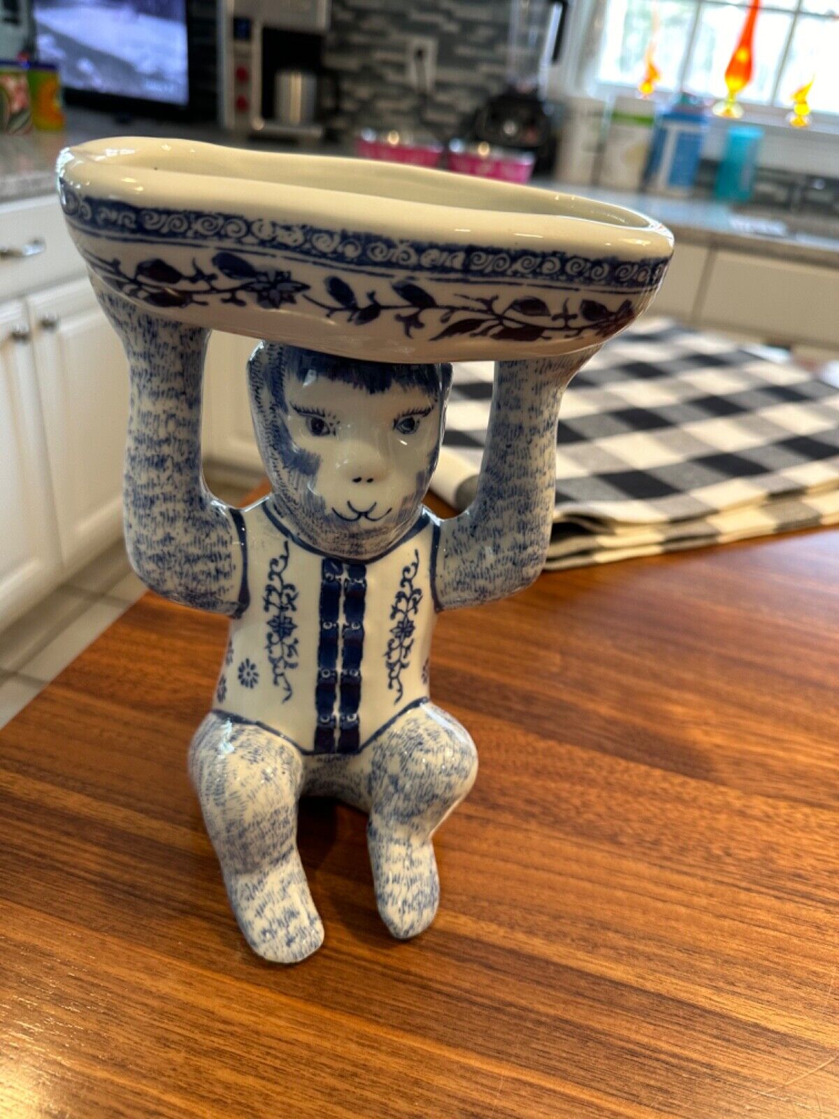 Vintage Chinoiserie Blue & White Ceramic Monkey Holding Dish Bowl