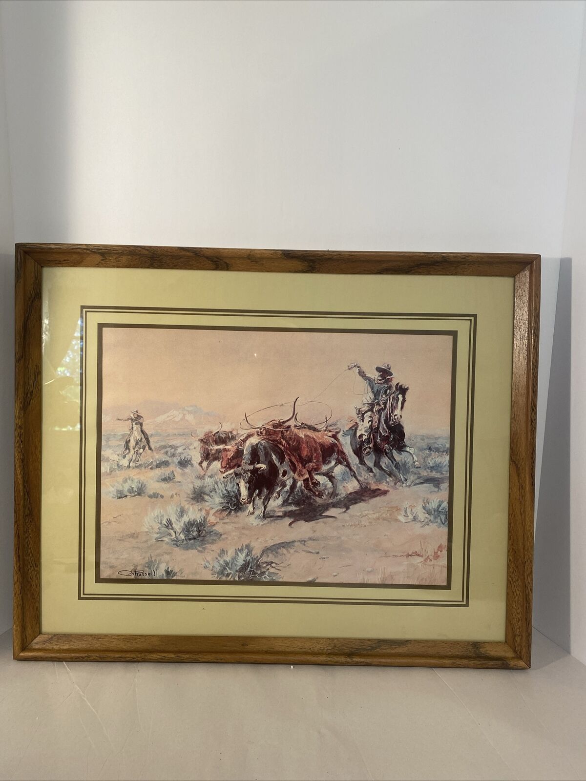 CHARLES M. RUSSELL WESTERN Cowboy Art Print W/ Wood Frame 20 1/4” X 16 1/4”
