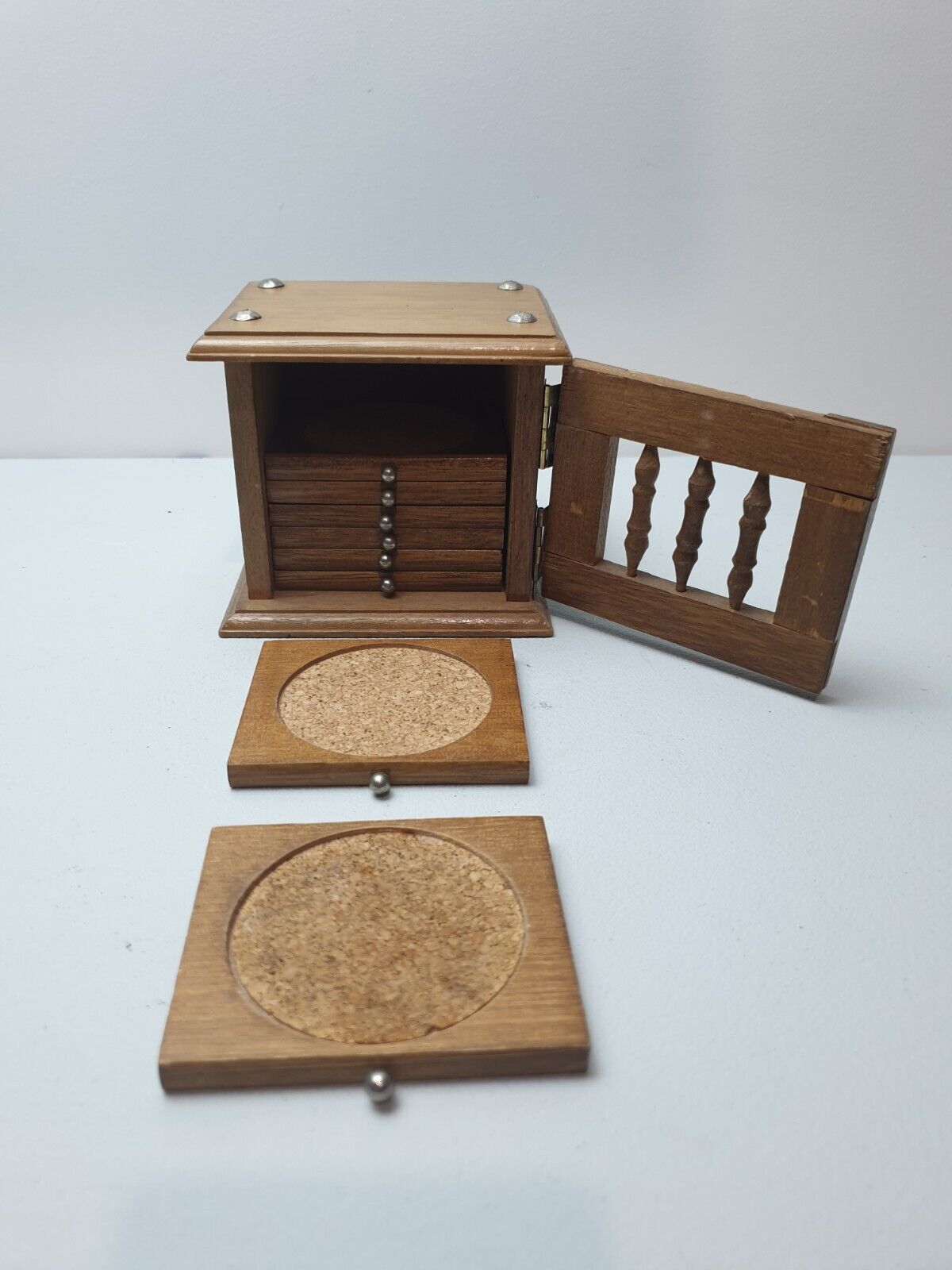 Vintage Wood & Cork Coasters in hinged Box