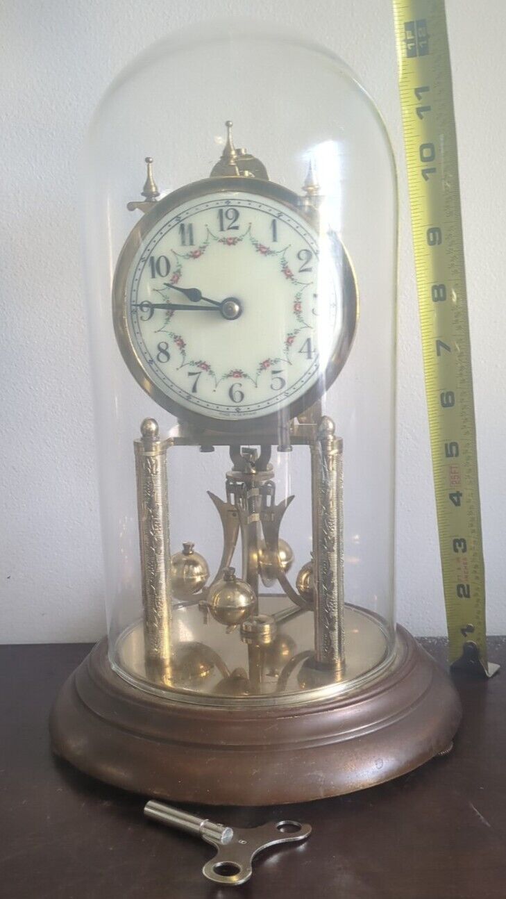 Working Vintage 1953  Euramca Trading  Anniversary Clock  Germany Key Glass Dome