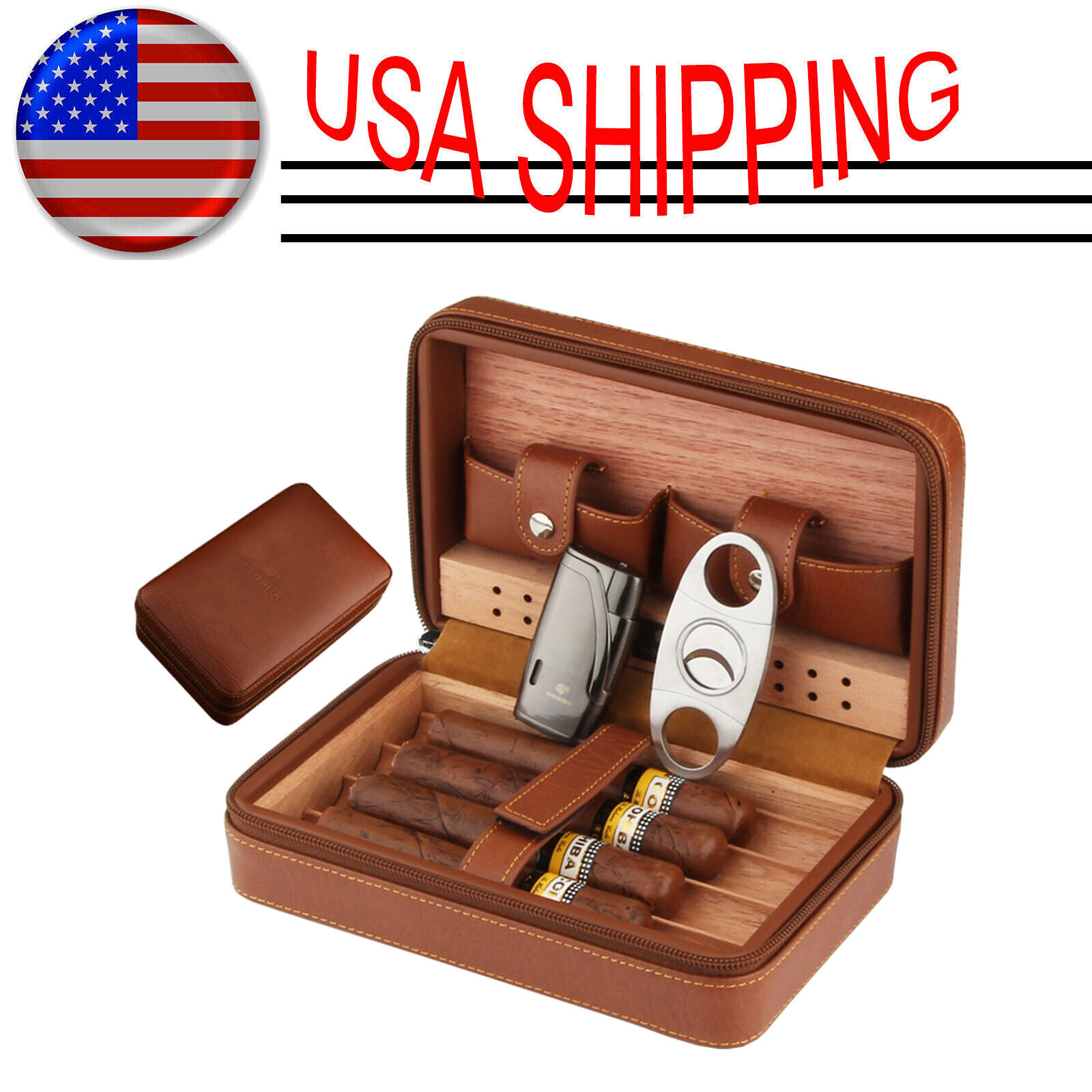 Cohiba Travel Leather Cedar Wood Cigar Humidor Case Box Lighter Cutter Gift Box