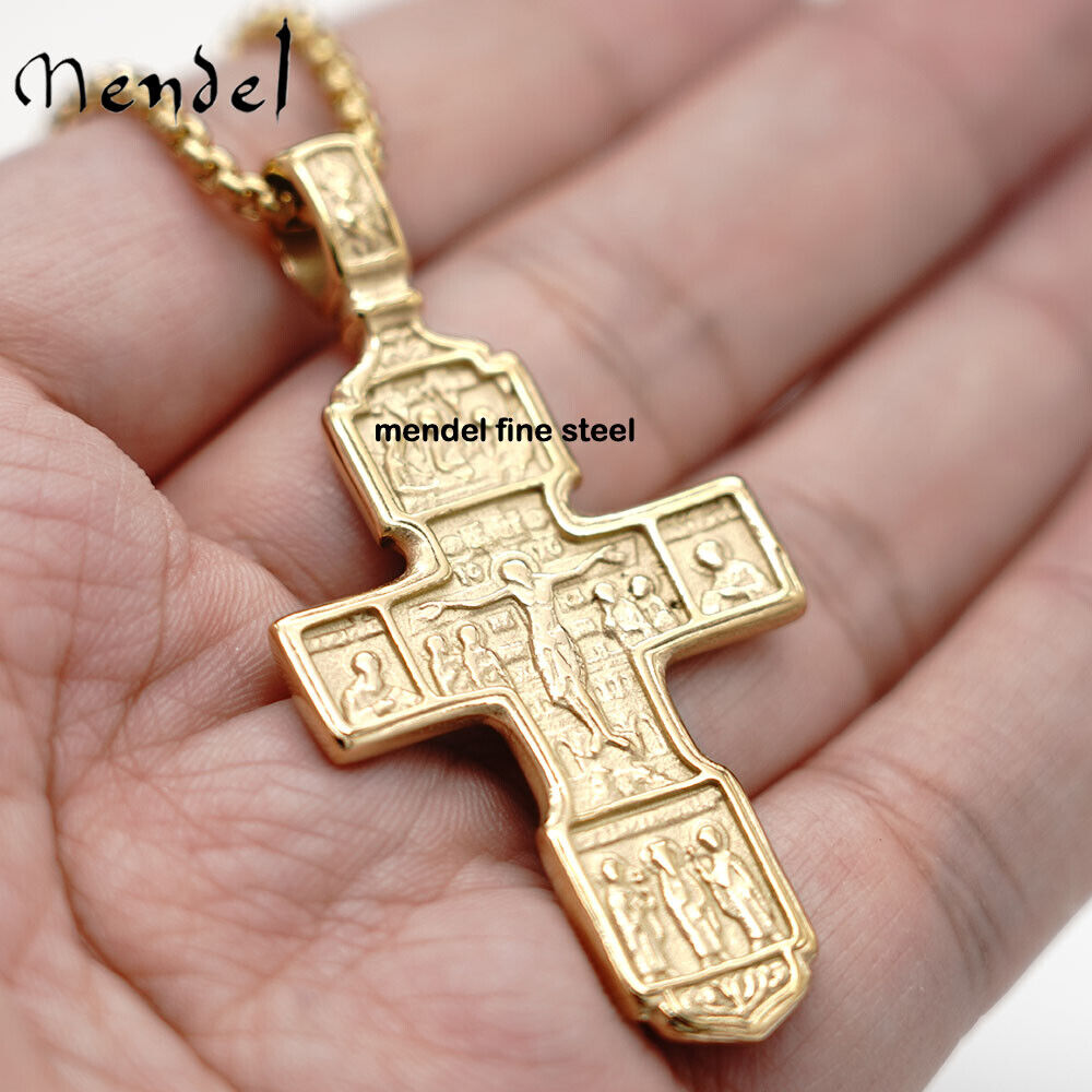 MENDEL Gold Mens Greek Orthodox Jesus Crucifix Cross Pendant Necklace For Men