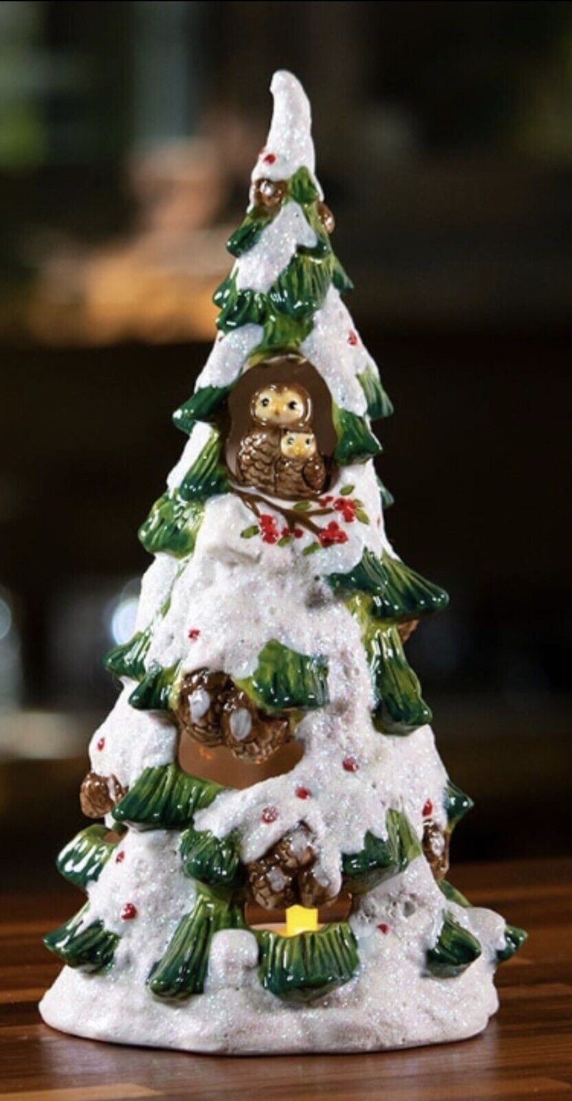 Blue Sky Christmas Snow Tree Owls Tealight Candle House Holder NEW Auth Retailer