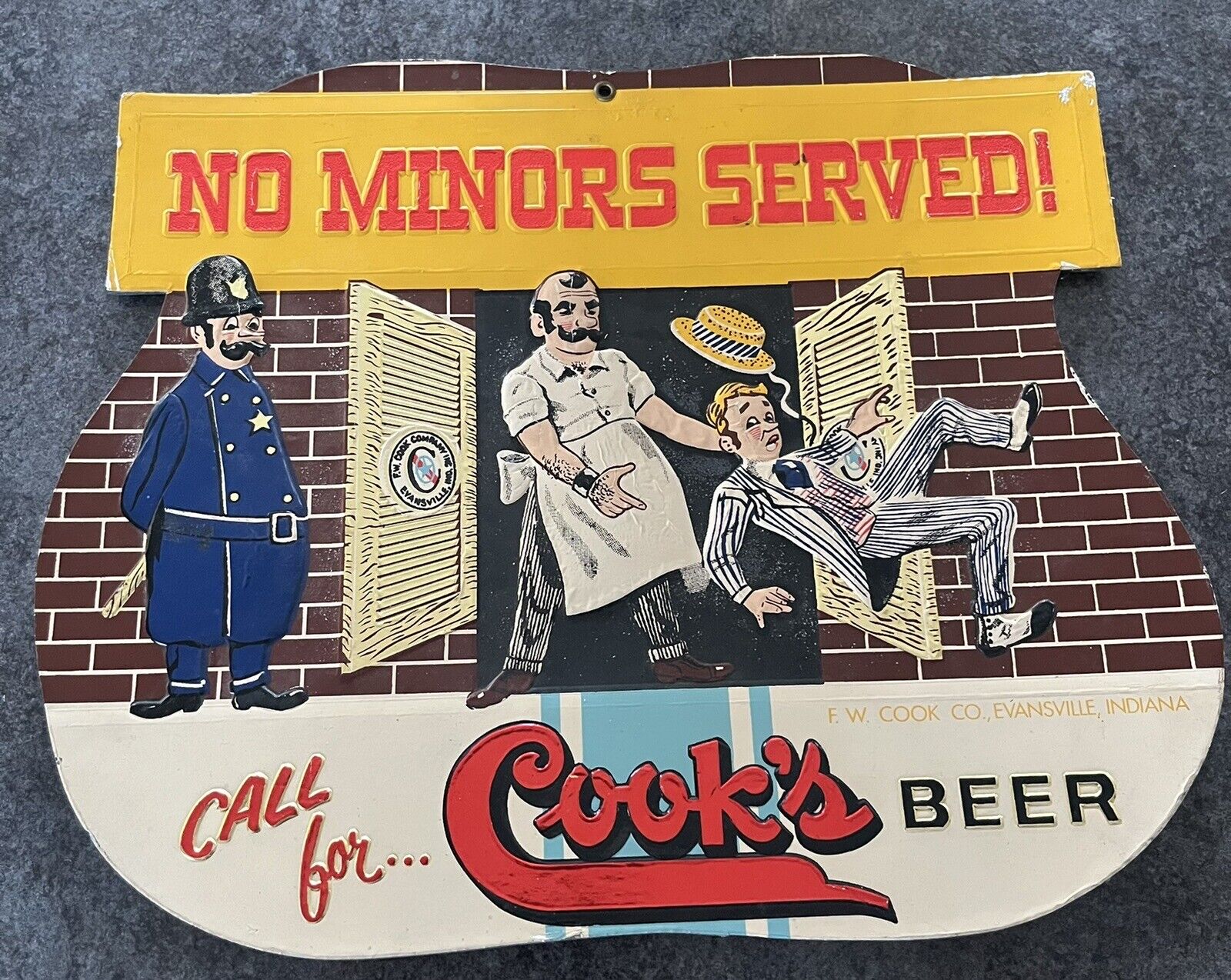 Vintage Call For Cooks Beer. No Minors Served Metal Foil Over Pressed Board Sign