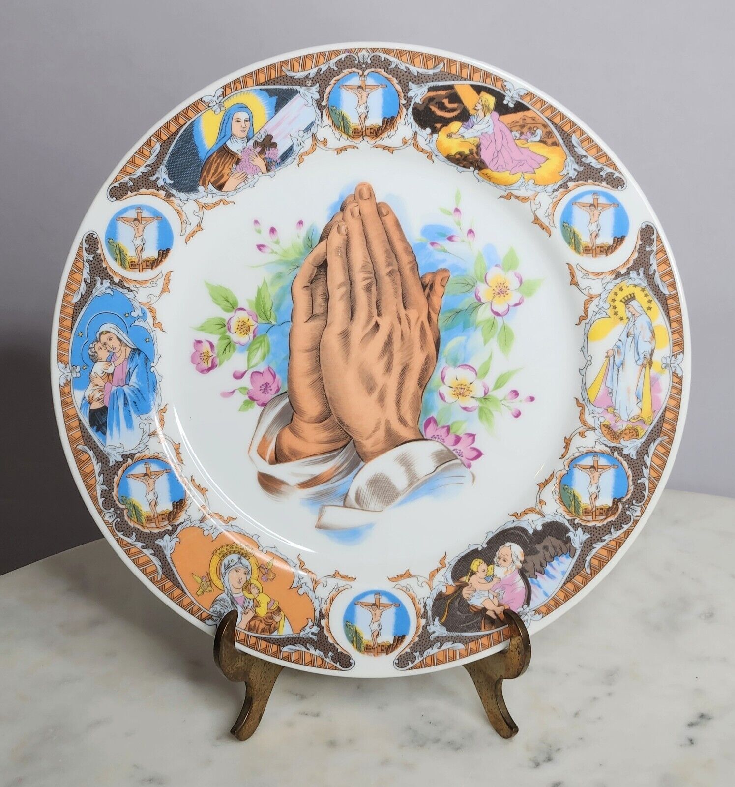 Vintage Praying Hands Easter Jesus Life Wall Plate Porcelain 10 1/4” Lady Angela