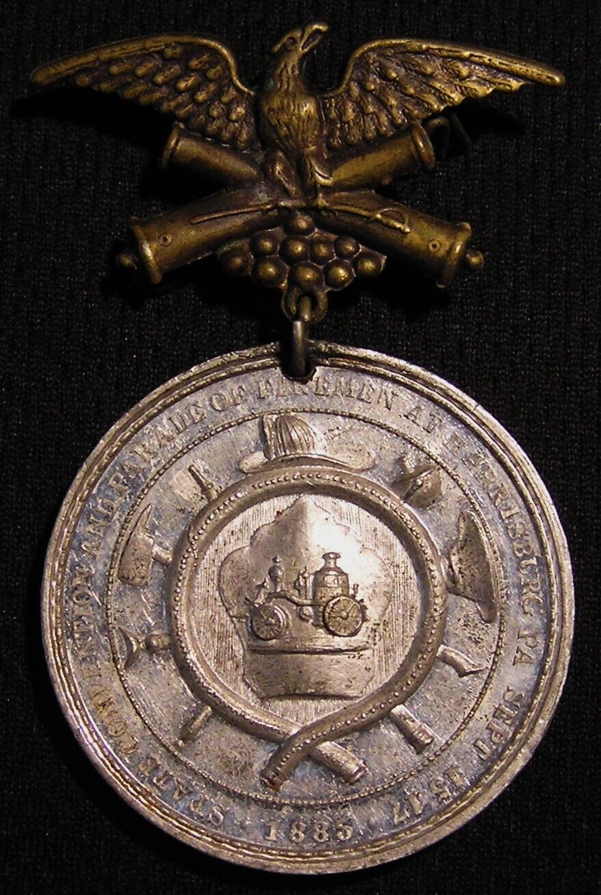 1885 STATE CONVENTION AND PARADE OF FIREMEN MEDAL BADGE HARRISBURG PA CENTENNIAL