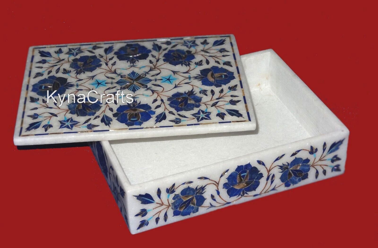 12x9 Inches White Marble Handmade Box Lapis Lazuli Stone Inlay Work Jewelry Box