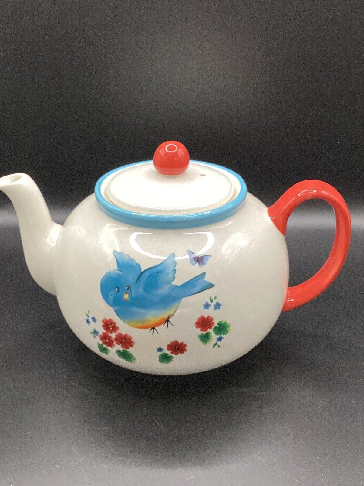 Ceramic Teapot 2006 Spring~Bluebird w/Flowers White w/Pour Spout~Red Handle  615