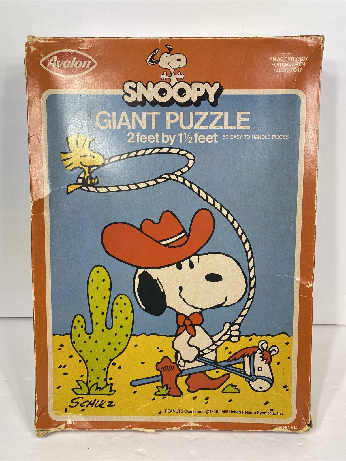 Vintage Avalon 50 Piece Giant Puzzle Peanuts Snoopy Cowboy 1965 514 CIB 2’x1.5’