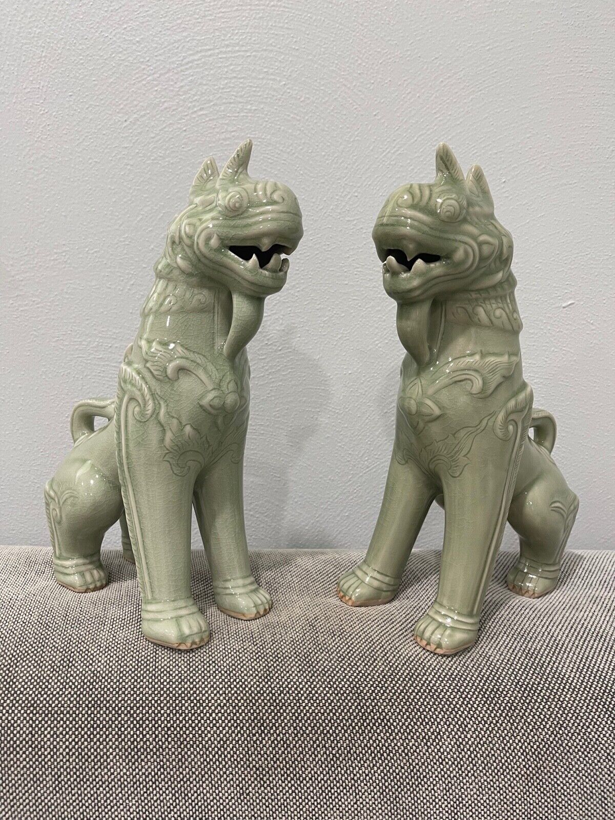Thai Siam Celadon Green Glazed Pair of Mythical Beasts Qilin Figurines / Statues