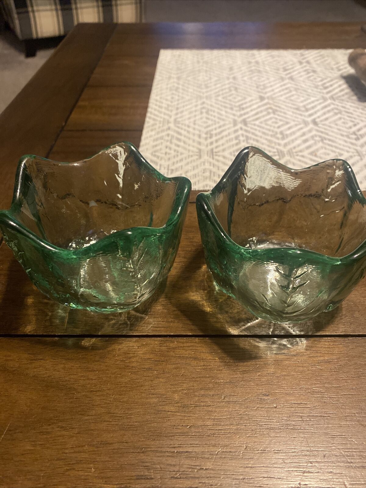 Vintage Tulip/Leaf Shaped Aqua Green Glass Votive Candle Holder Set Of 2 EUC