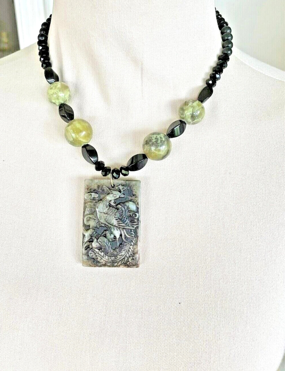 Jade/ Jadeite Necklace with Peacock Pendant Chinese Characters Handmade EUC