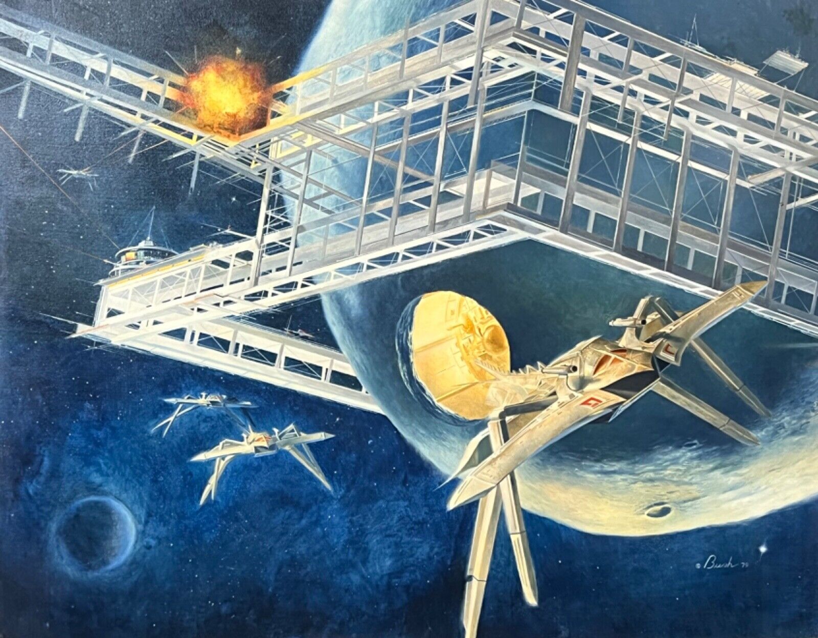 George A. Bush Original science fiction oil painting, Space Battle 1979