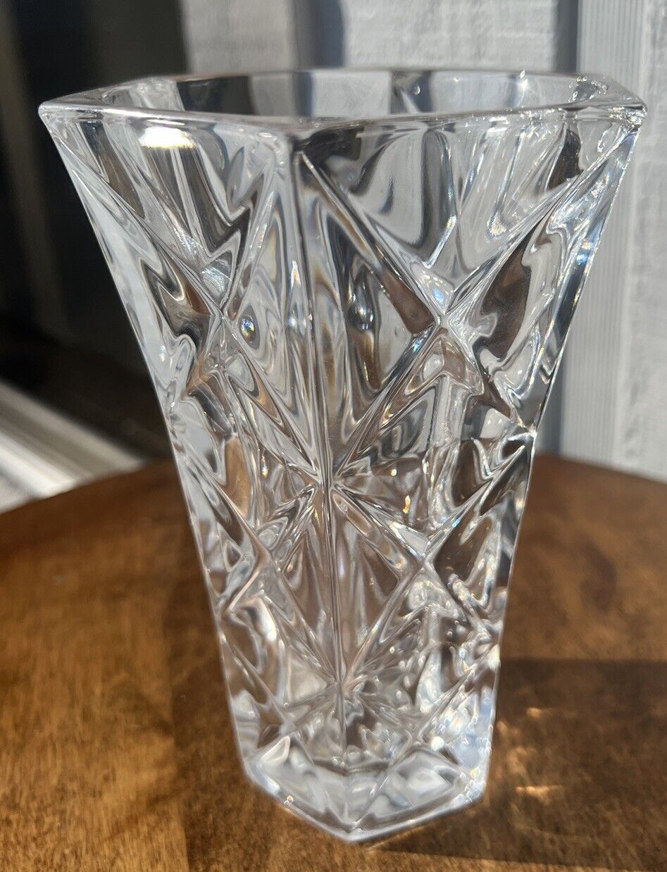 Vintage Cristal France Diamond Pattern  Wide Mouth Hexagon H 6.75 Inches Heavy