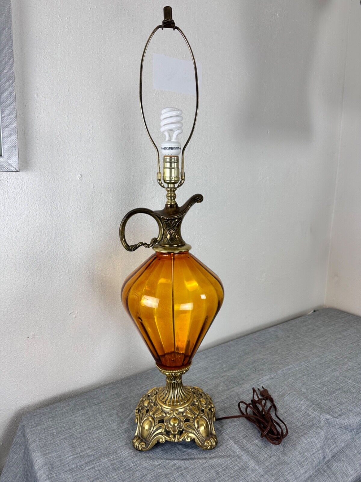 Vintage Mid Century Optical Amber Glass Pitcher Ewer Brass Hollywood table Lamp