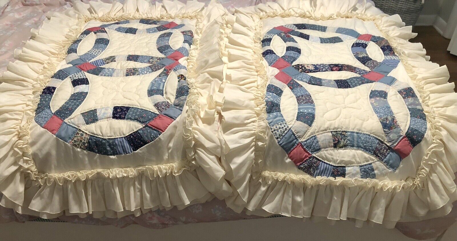 Vintage Quilted King Shams Handmade Double Wedding Ring Ruffles Set Of 2