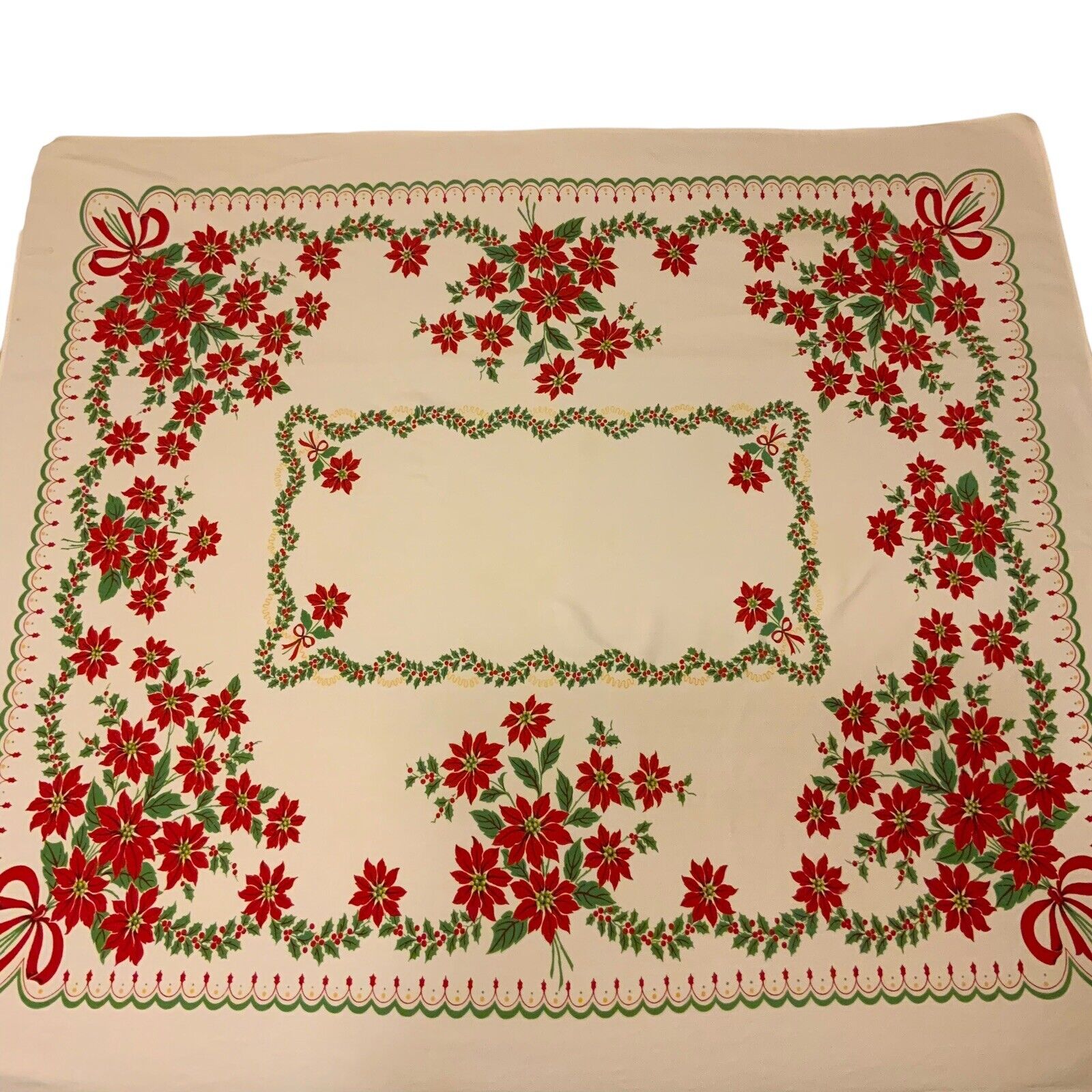 Christmas Tablecloth 52x56 White Red Poinsettias Holiday Table MCM Vintage