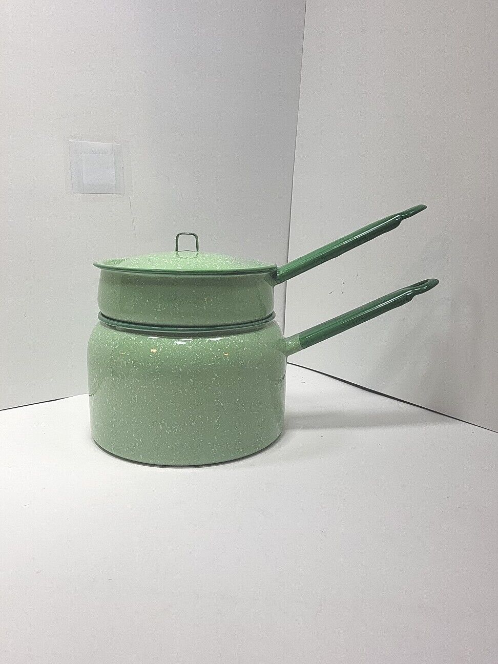 Vintage Enamelware Double Boiler & Lid Green With White Speckles 