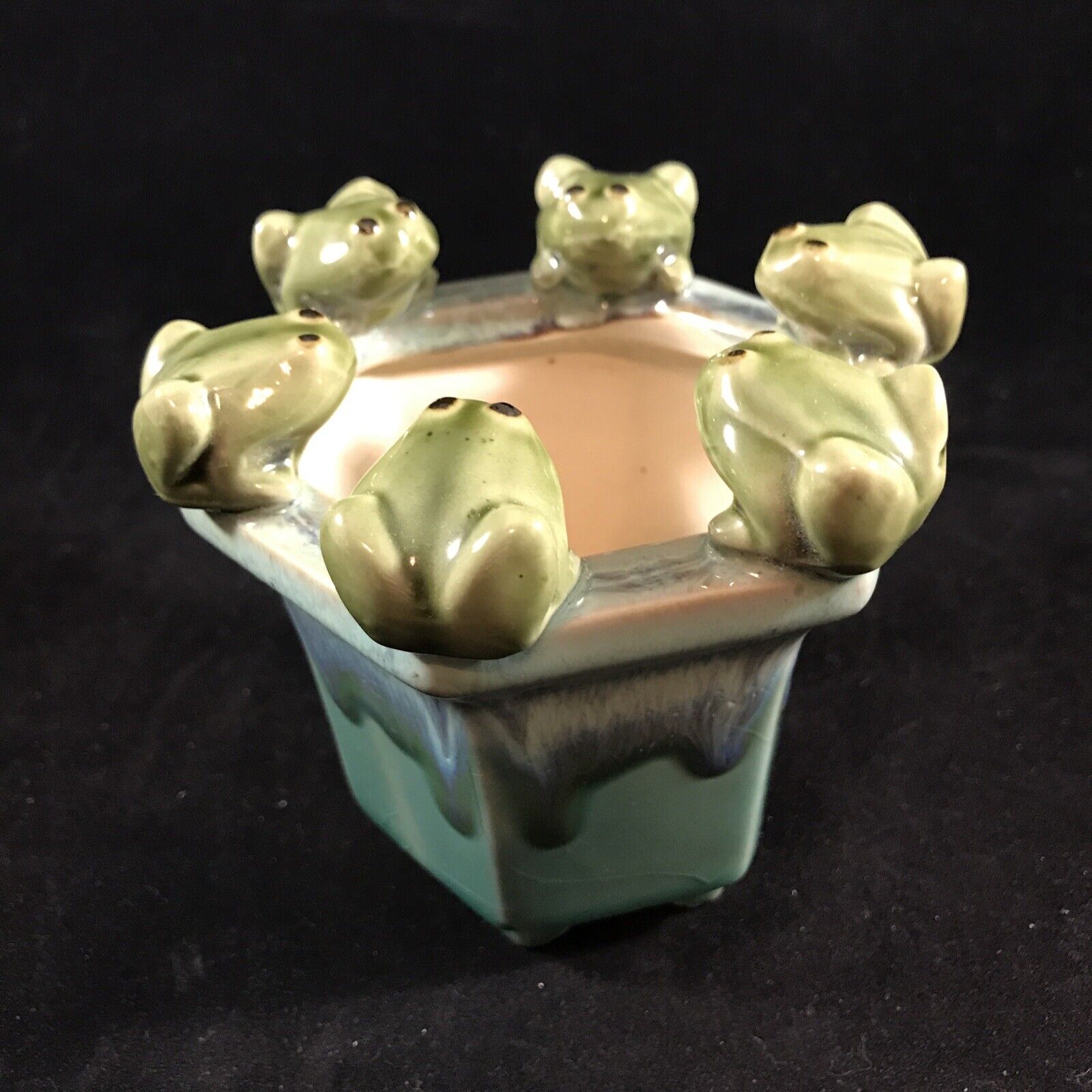Hexagonal FROGS Planter Majolica Style Ceramic Six Sided Drip Glaze