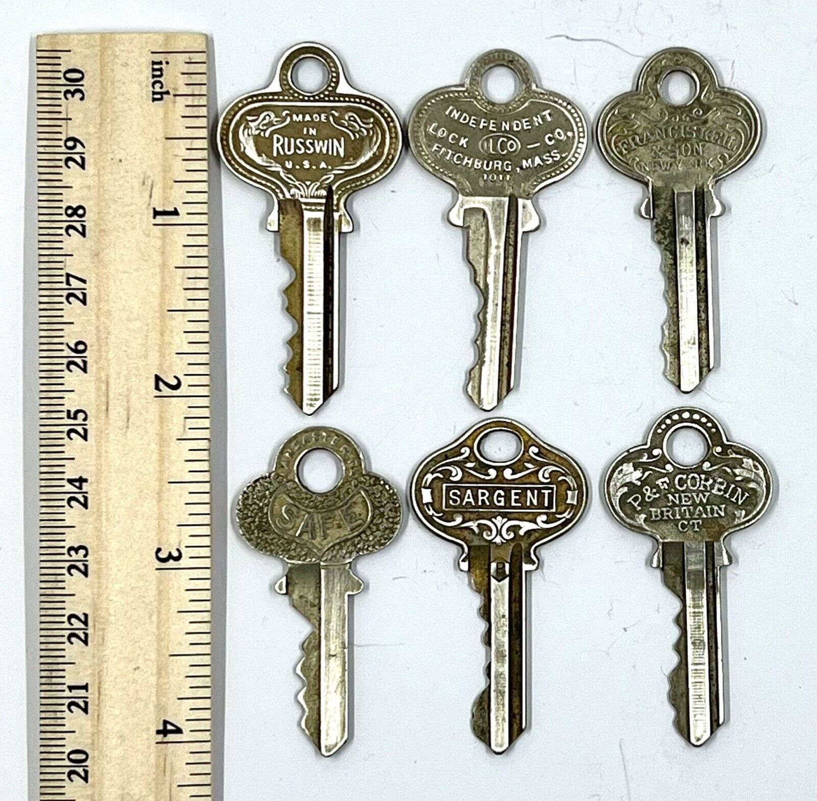 6 Vintage P&F Corbin, Russian, ILCO, SAFE, Kiel, Sargent Ornate Keys 