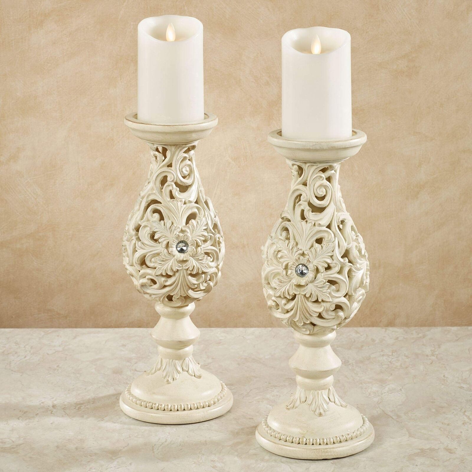 Touch of Class Openwork Candleholders Ivory/Gold Pair