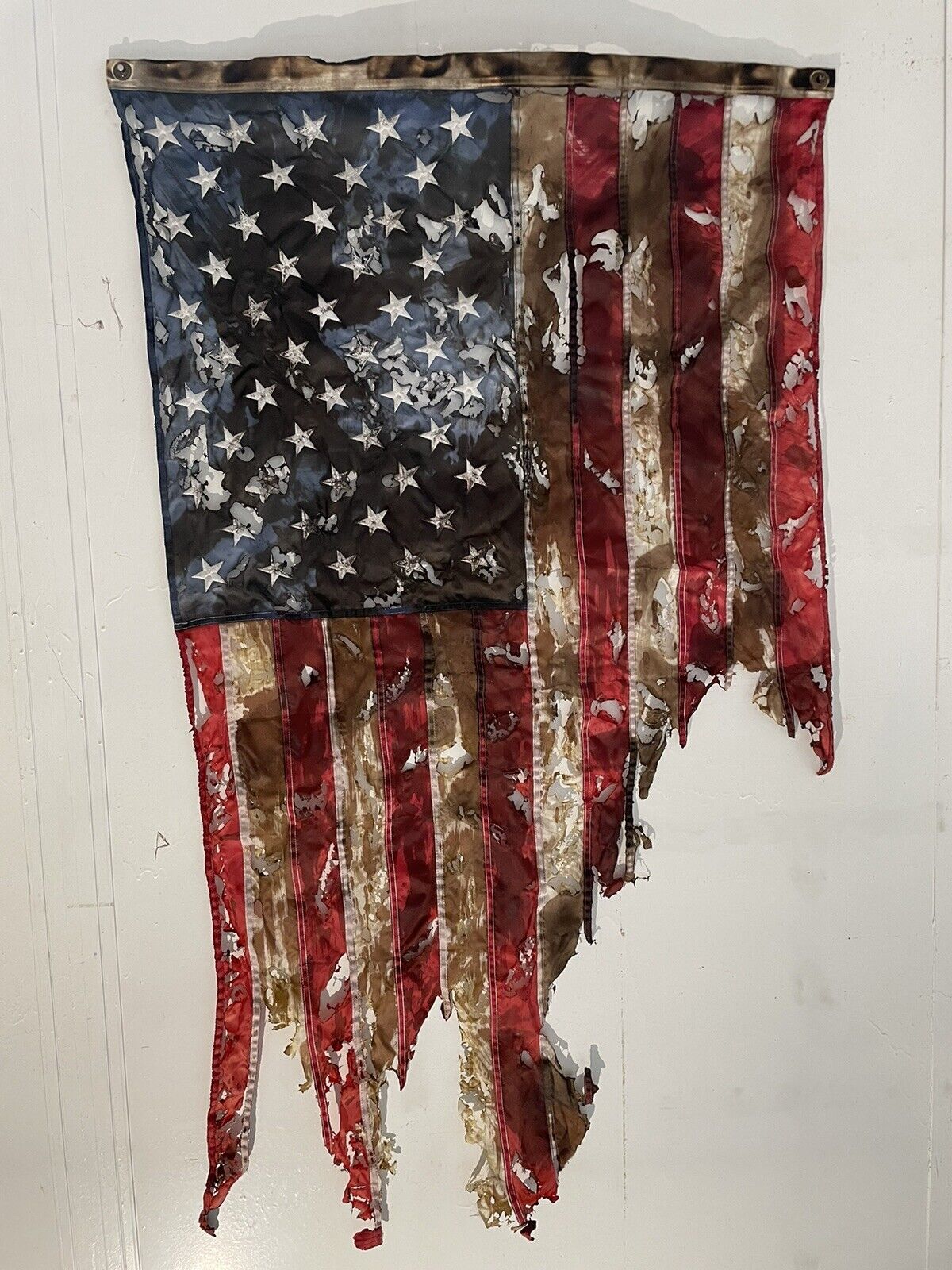 VTG Distressed Tattered damaged￼ American Nylon Flag Art Wall Decor 3 ft X 5 ft