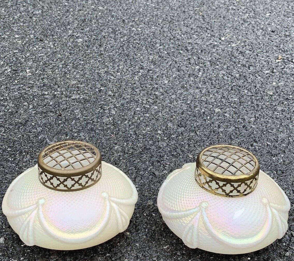 C1910 Bohemian Glass Kralik Rose Bowls. Diamond Quilt Pattern. Opaline Glass.
