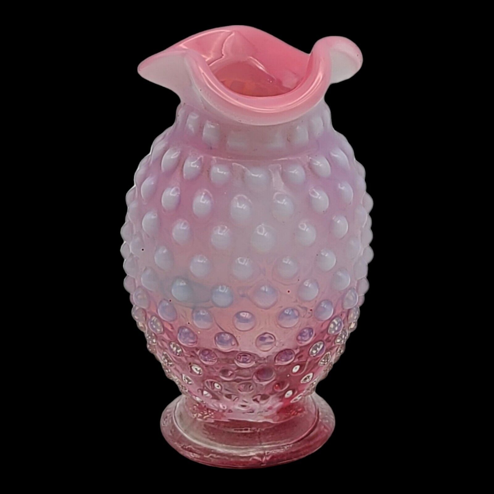 Vtg Fenton Glass Vase Cranberry Pink Opalescent Hobnail Small Ruffled Edges 4\