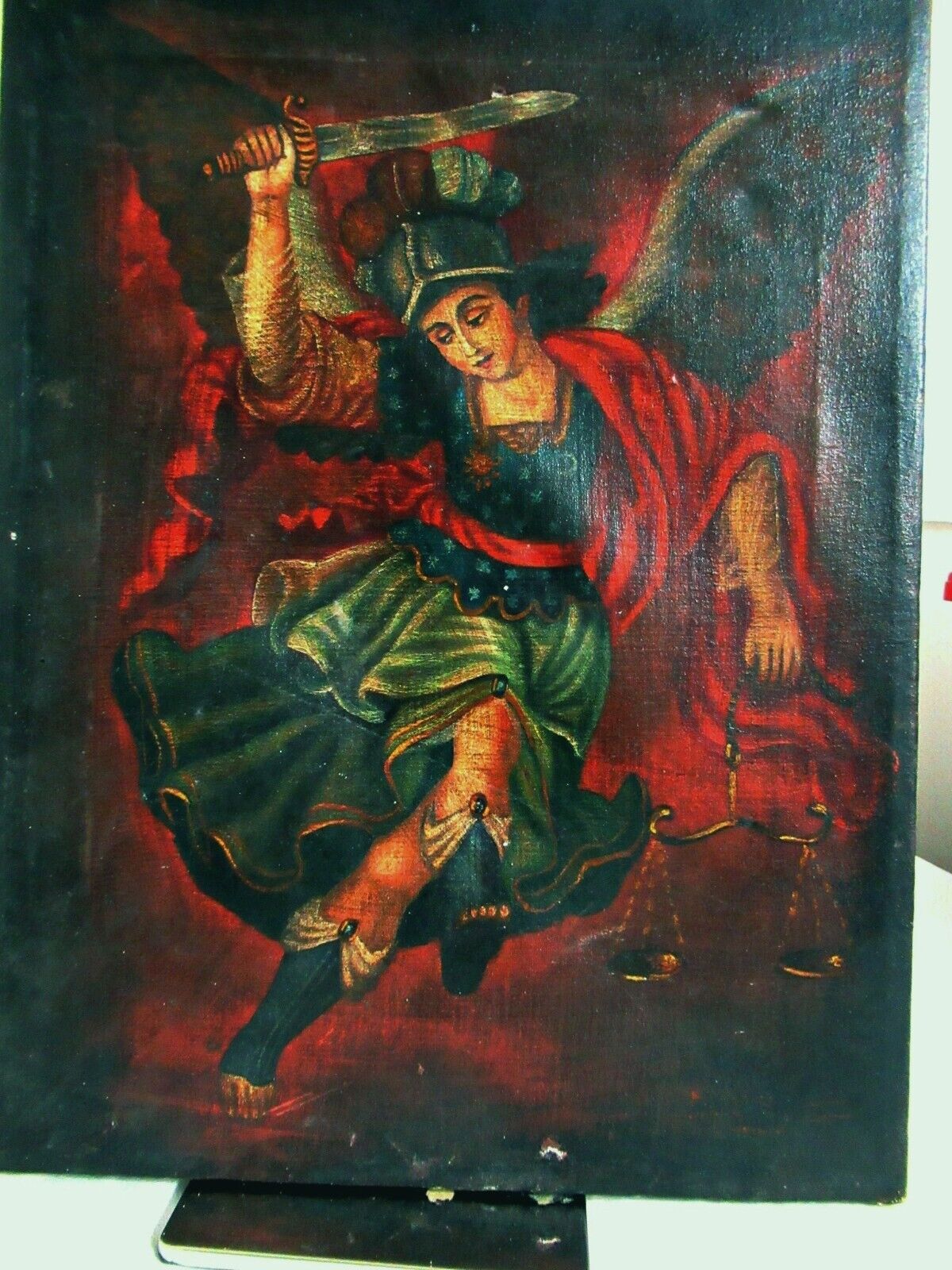 VTG 1940's MEXICAN 16x12 OIL ON CANVAS PAINTING ARCHANGEL SAN MIGUEL/ST. MICHAEL