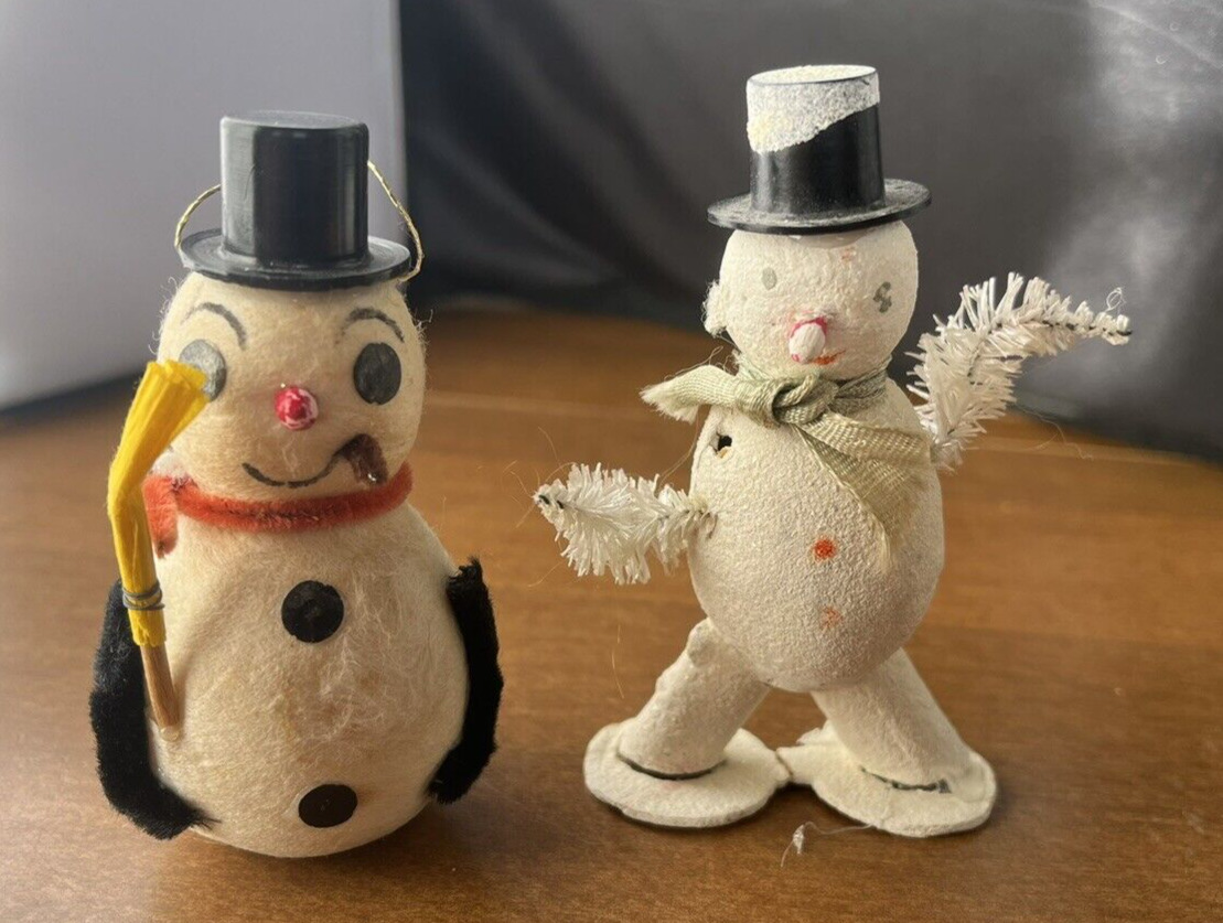 Lot of 2 Vintage Mica Spun Cotton Chenille Snowman Christmas Figures Japan