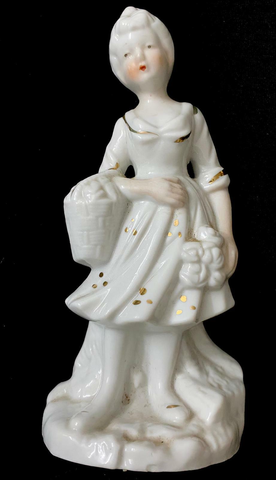Vintage Porcelain Lady Flower Carry Basket Figurine Orginal Deco Rarity 6\