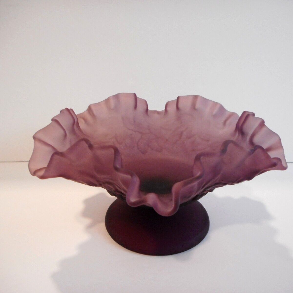 Vintage Westmoreland Purple Satin Glass Footed Crimped Bowl Leaf Pattern 8 Inch