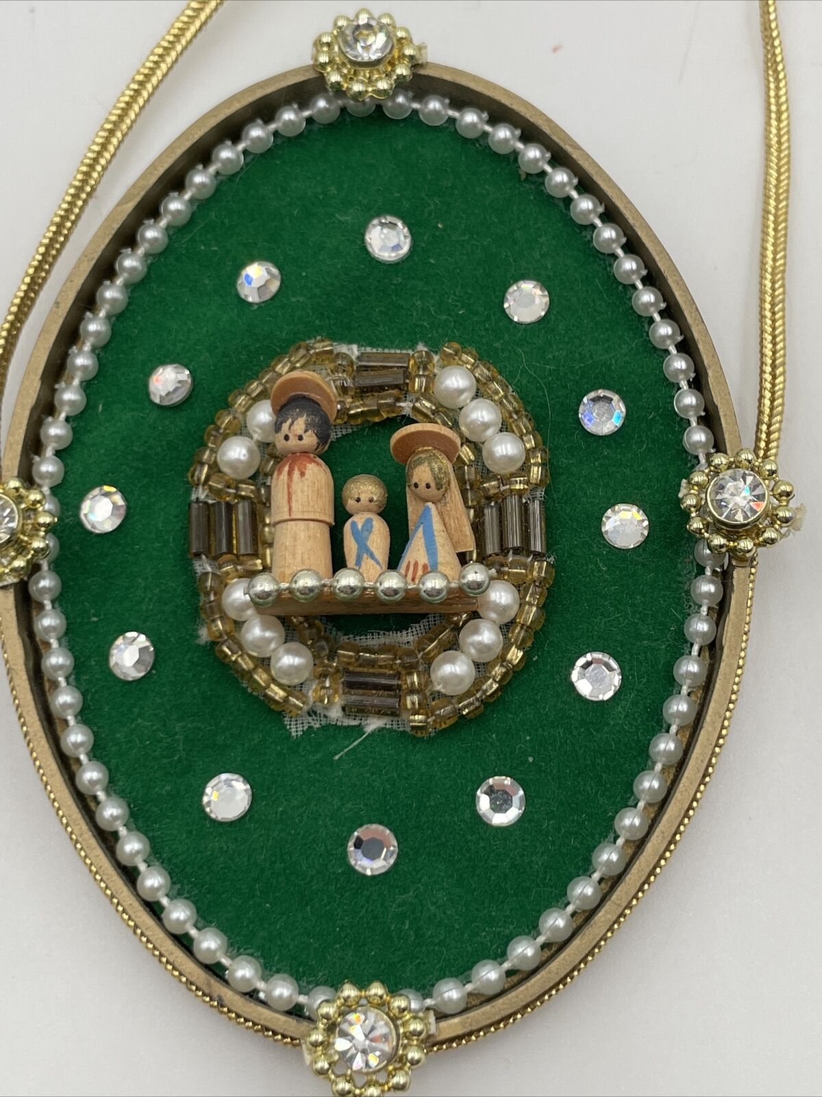 Vintage Handmade Nativity Ornament Gold Green Wood Pearls Jesus Mary Oval