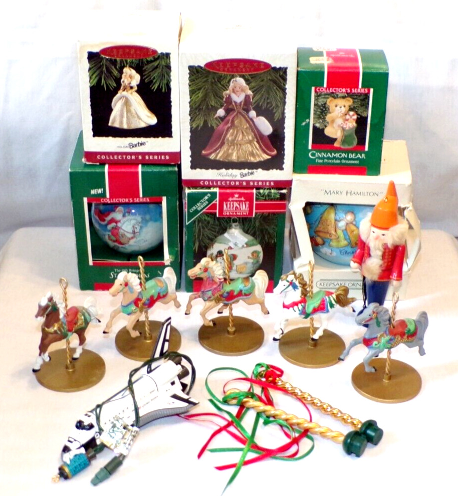 VTG Lot 80\'s-90\'s Hallmark Christmas Ornaments Holiday Barbie Carousel Glass Bal