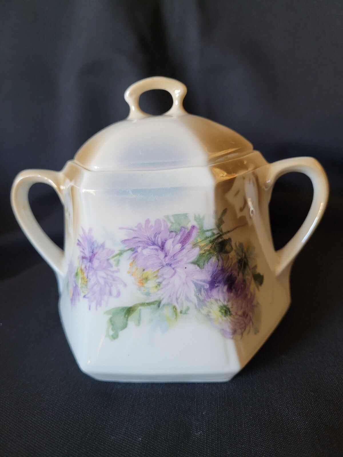 Vintage Sugar Bowl with Lid Iridescent Cream Base with Lilac Flowers
