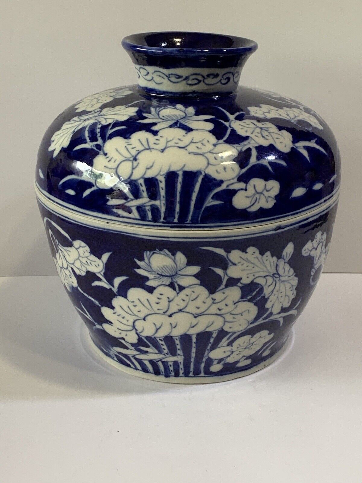 Vintage 9” LG ORIENTAL BLUE & WHITE Meiping Plum Floral LIDDED BOWL Food POT JAR