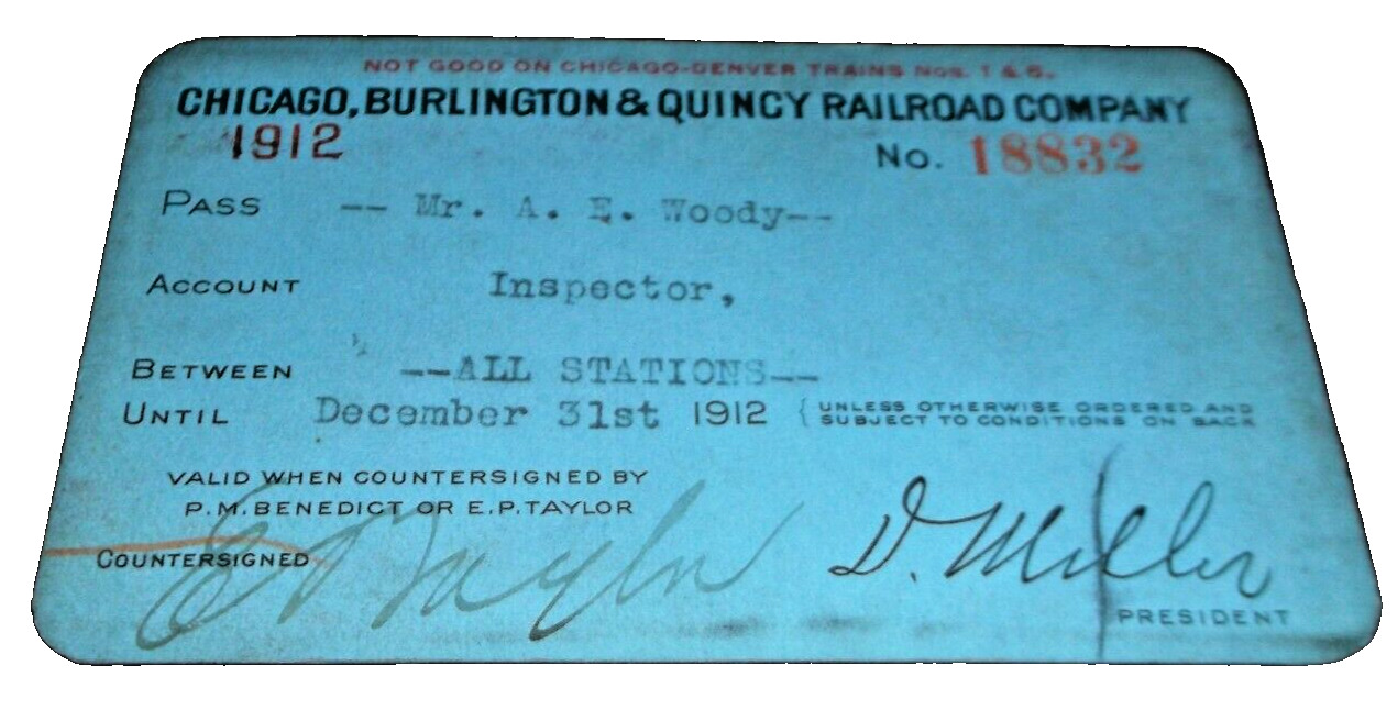 1912 CHICAGO BURLINGTON & QUINCY CB&Q EMPLOYEE PASS #18832