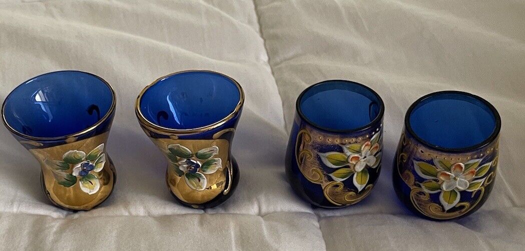 VINTAGE MURANO BLUE FLORAL SHOT GLASSES LAYERED 24K GOLD GILDING Hand Painted