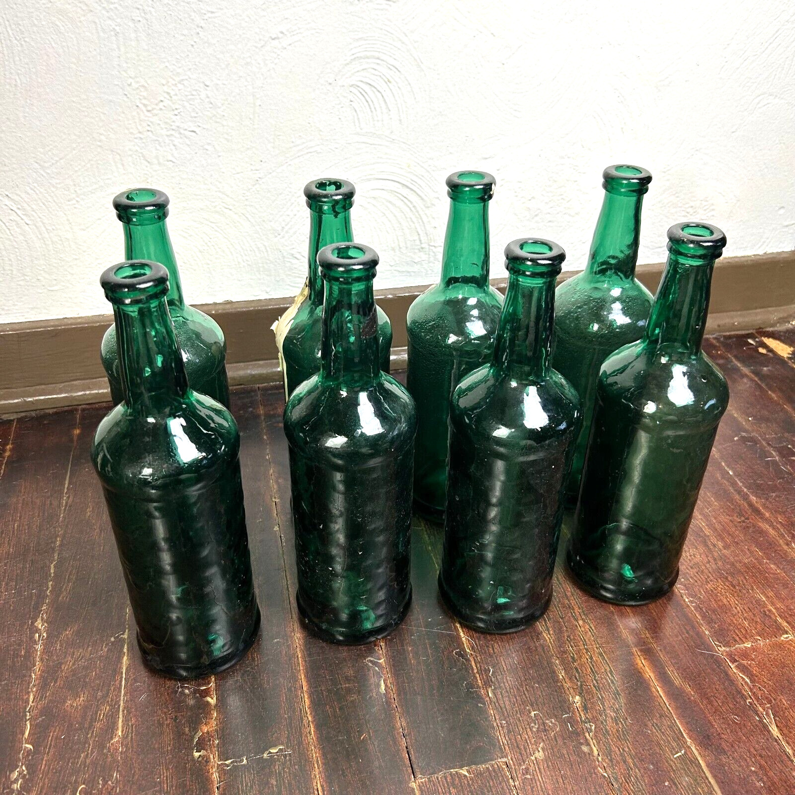 Antique Glass Bottle Lot Of 8 Green Clear Tall Heavy Thick Glass Liquor Wine