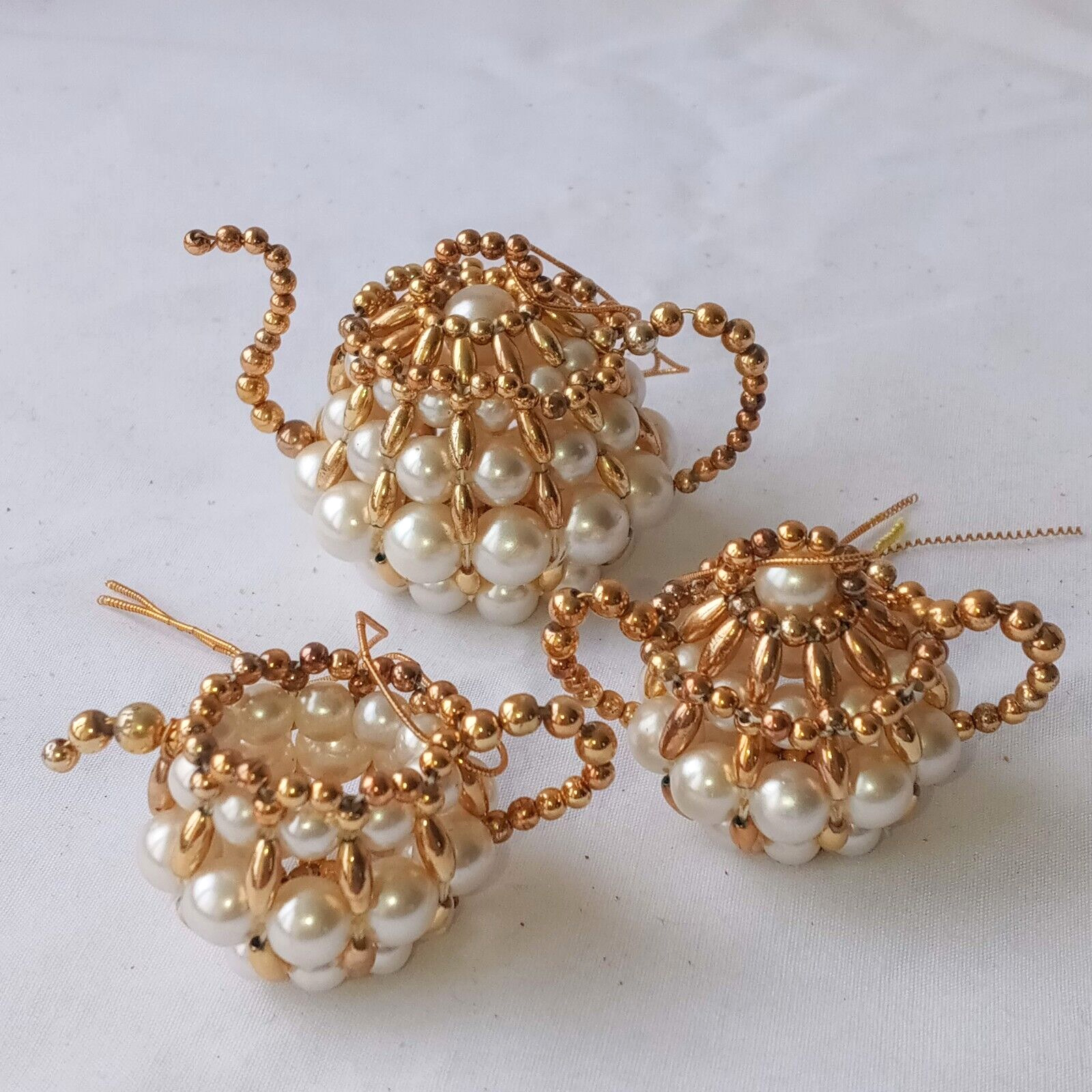 VTG Kitsch Handmade Pearl & Gold Beaded Christmas Ornaments Teapot Sugar Creamer