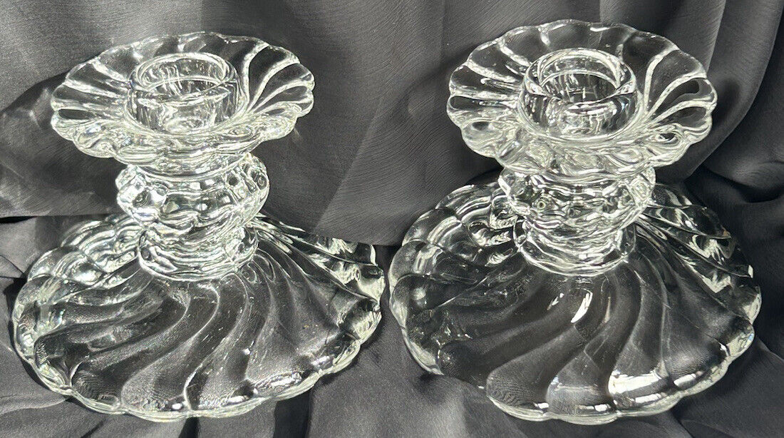 Vintage 1940-1973 Fostoria Colony Swirl Clear Candleholders Set Of Two EUC