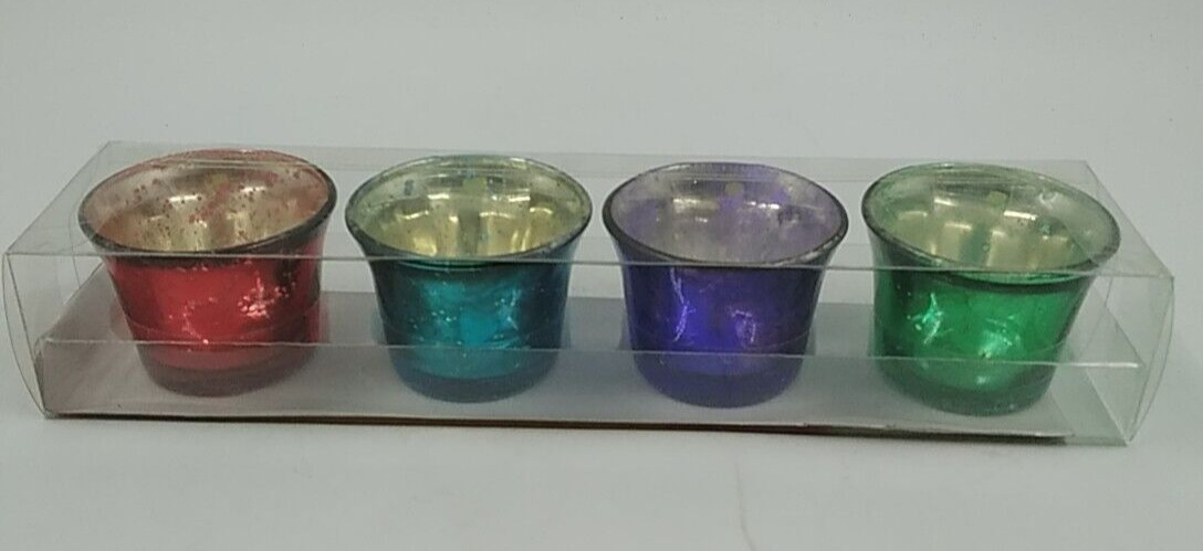 Set of 4 Multicolor Glass Votive Tea Light Candle Holders Red Blue Purple Green