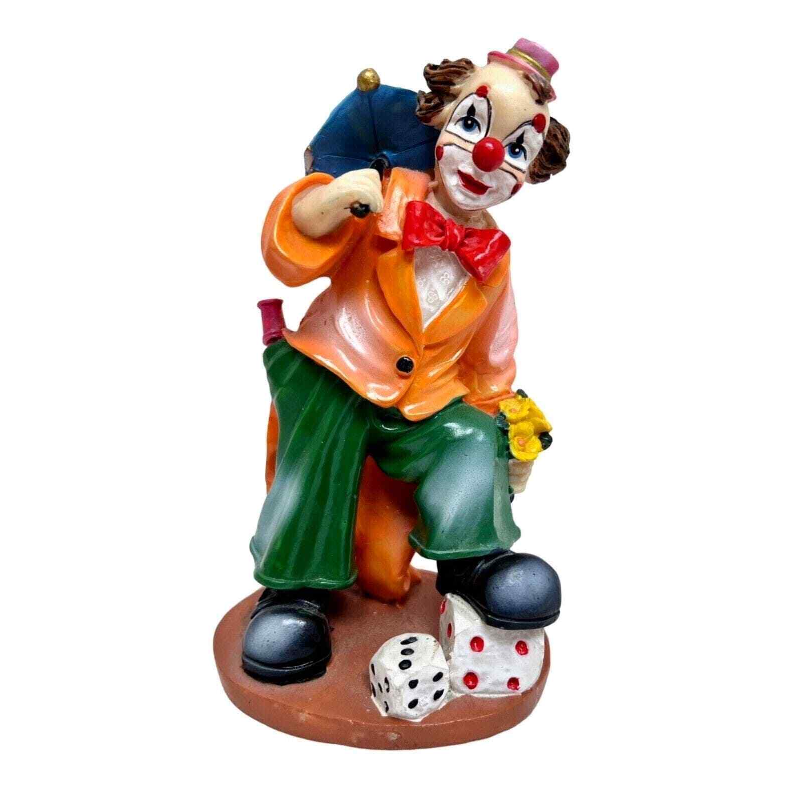 VTG Resin Colorful Performing Clown Table Figurine Holding Umbrella foot on Dice