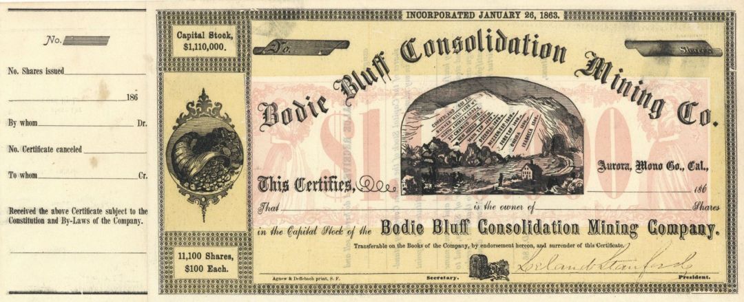 Leland Stanford signed Bodie Bluff Consolidation Mining Co. - 1860's circa Autog