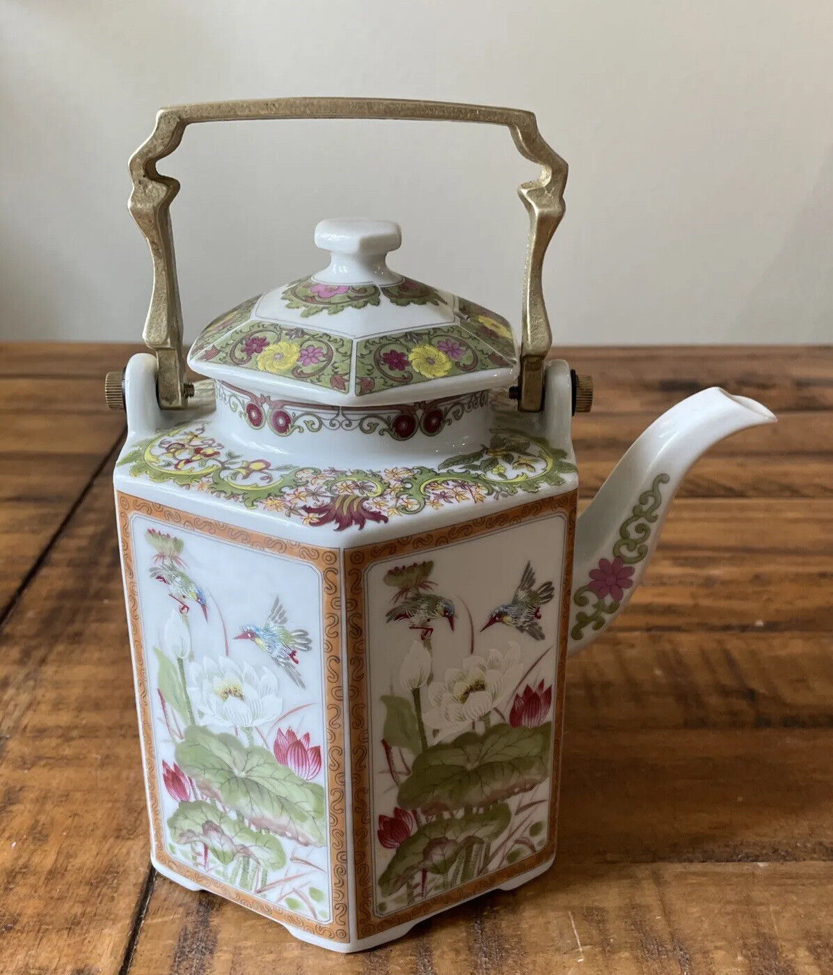 Vintage Toyo Ming Tea Pot Japan Lotus Birds Brass Handle Porcelain Hexagon Excel