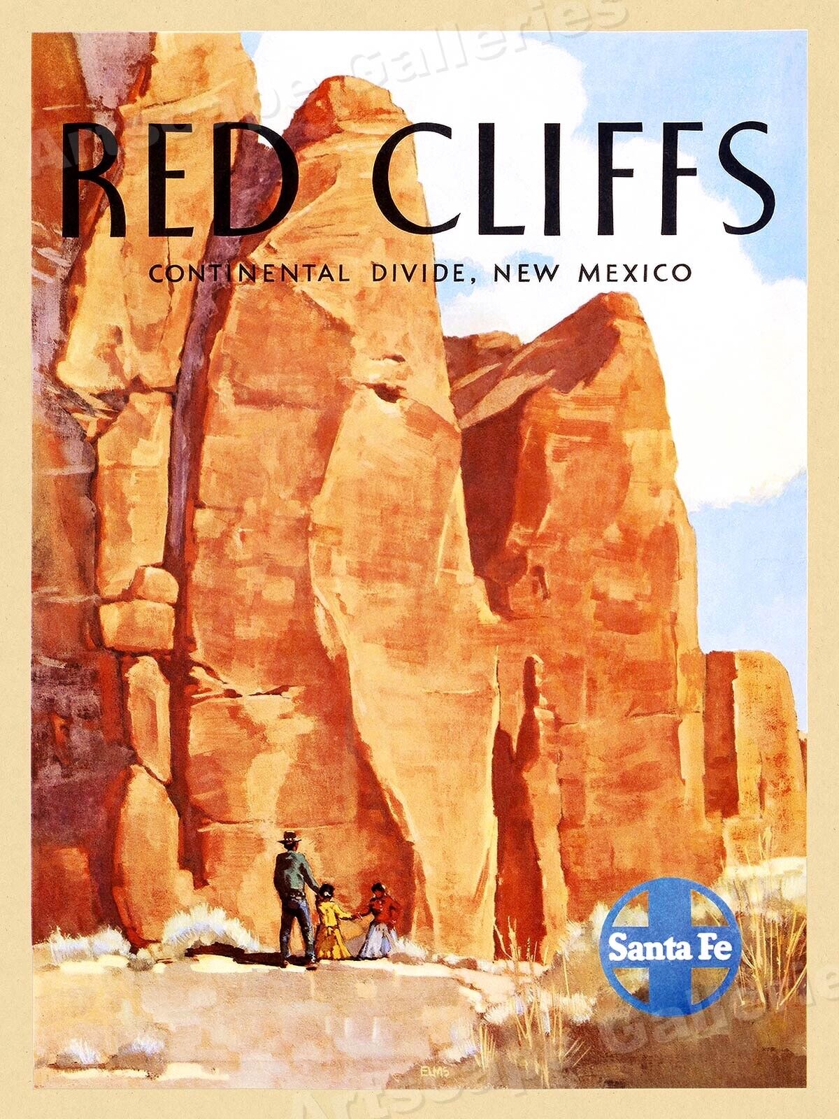 1940's Santa Fe Red Cliffs Vintage Style Travel Poster - 18x24