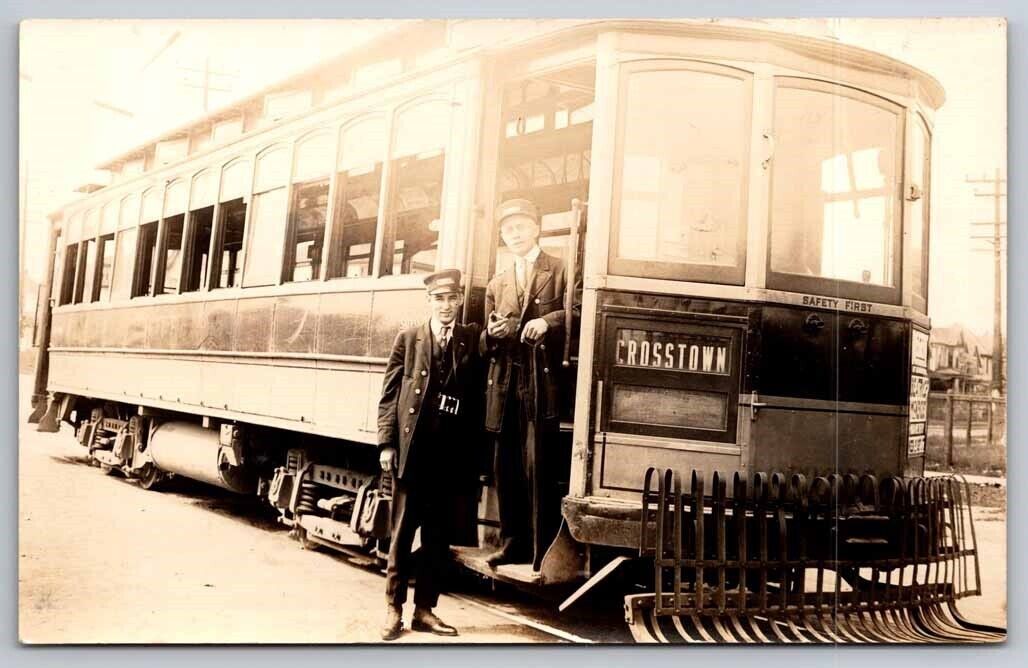 eStampsNet - Trolley Streetcar with Motorman and Conductor 1910c RPPC Postcard 