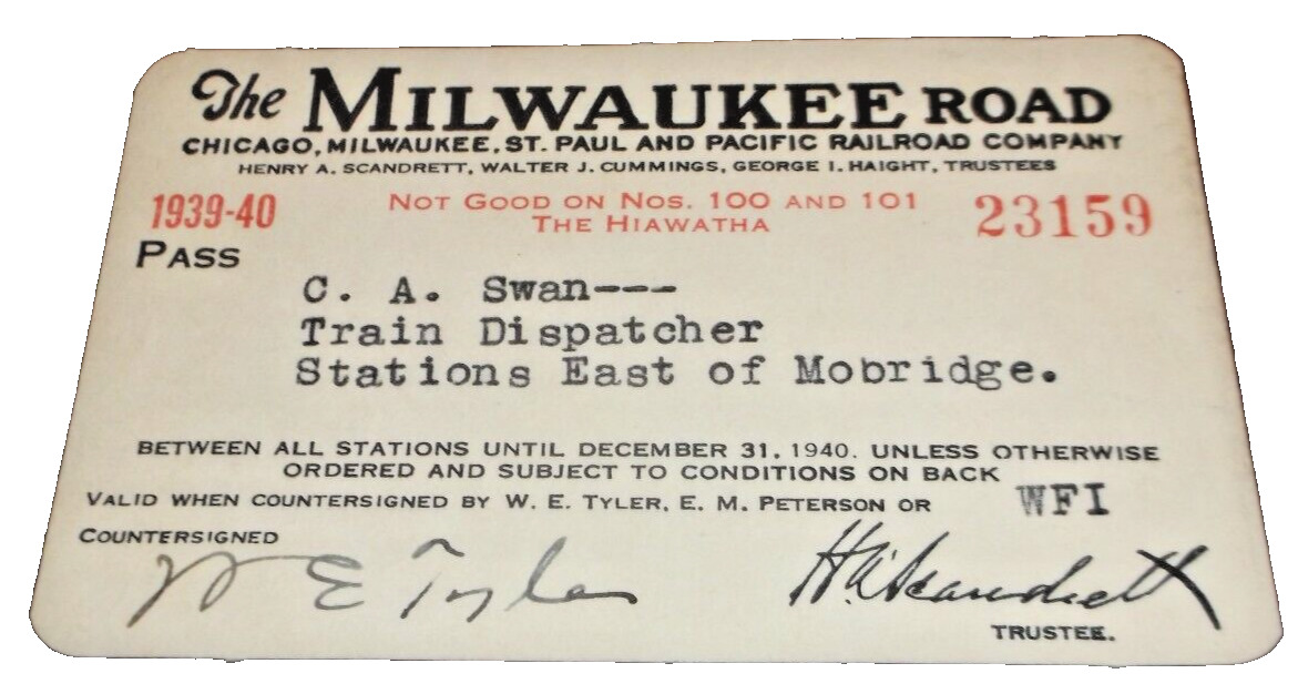 1939 1940 MILWAUKEE ROAD EMPLOYEE PASS #23159