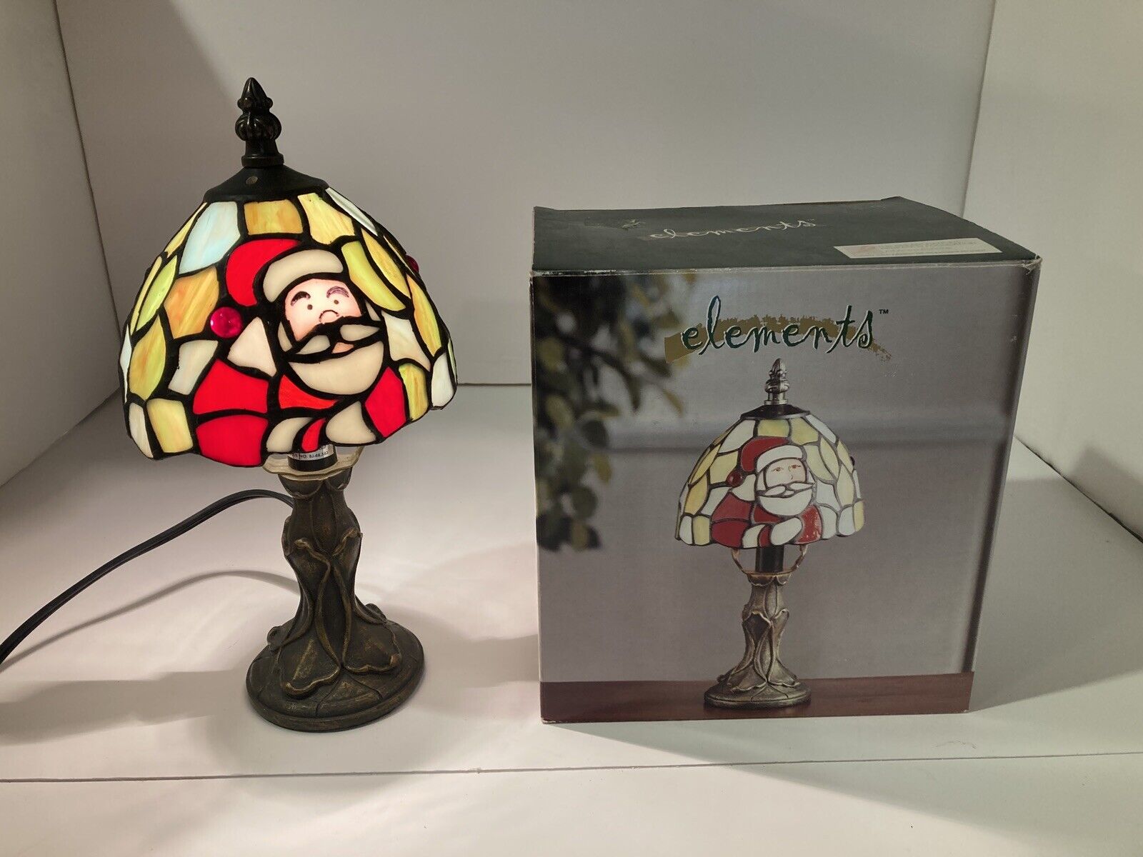 Elements Tiffany Style Stained Glass Santa Lamp in Original Box 5 3/8 x 11 1/2