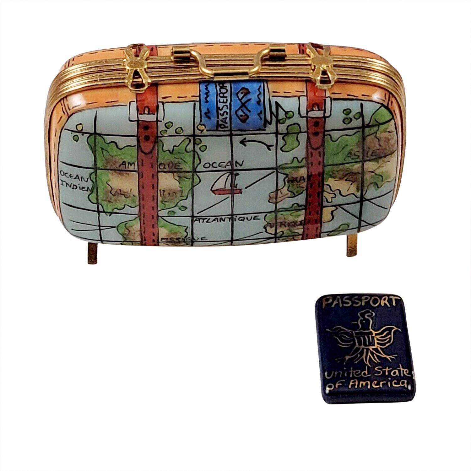 Rochard Limoges Peint Main Trinket Box Suitcase with Maps
